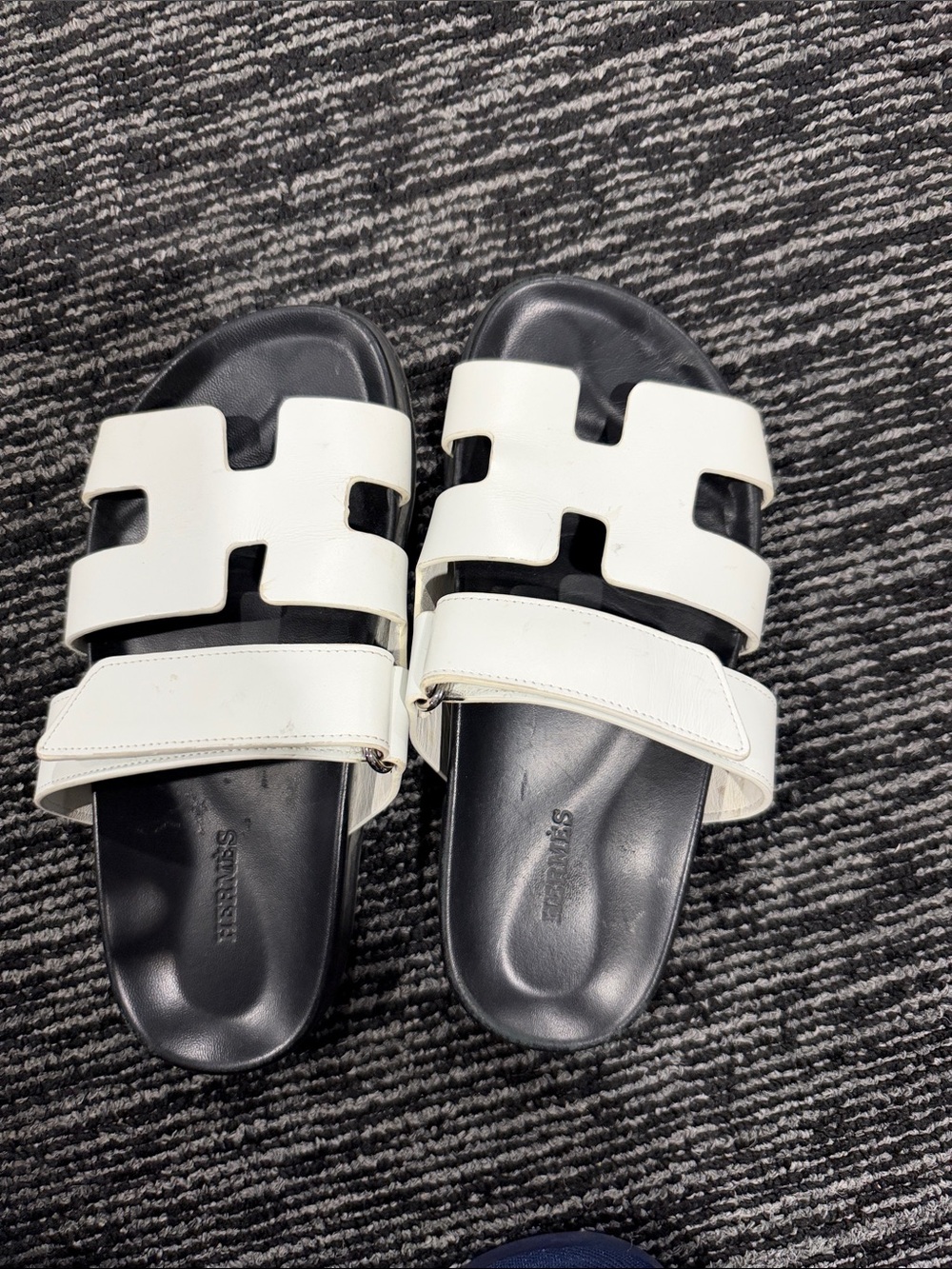 Hermes White and Black Oran Slide Sandals